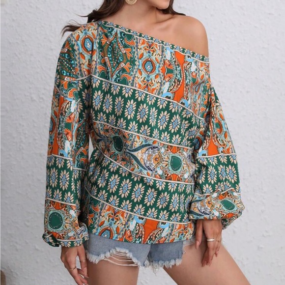 Boho floral print off shoulder lantern sleeve blouse - Picture 4 of 16